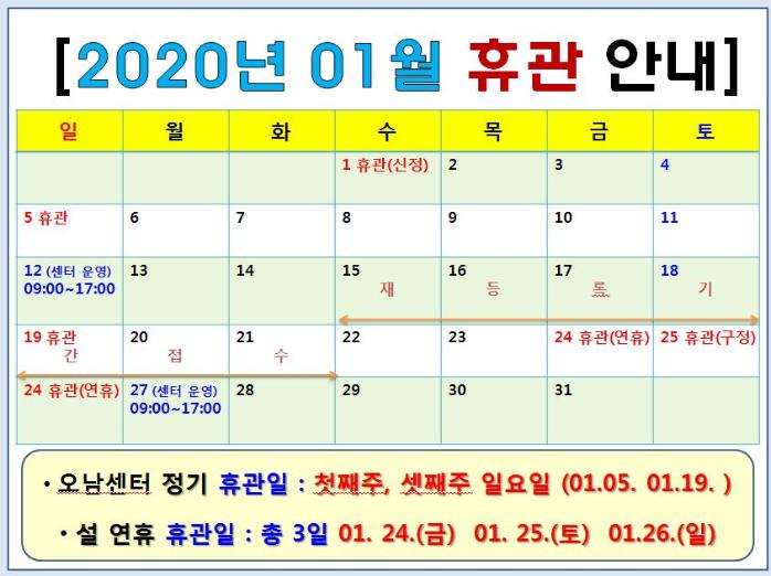 [2020년 01월 휴관 안내] 1일 휴관(신정) / 5일 휴관 / 12일(센터운영)09:00~17:00 / 15일~21일 재등록기간접수 / 19일 휴관 / 24일 휴관(연휴) / 25일 휴관(구정) / 26일 휴관(연휴) / 27일(센터운영)09:00~17:00 / -오남센터 정기 휴관일 : 첫째주, 셋째주 일요일 (01.05. 01.19.) / -설 연휴 휴관일 : 총3일 01.24.(금) 01.25.(토) 01.26.(일)
